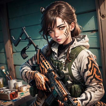 06089-935142996-TigerstripeAI (tiger stripe painted wooden rifle_1.5), female soldier, green combat fatigues, brown hair, brown eyes, human face.png